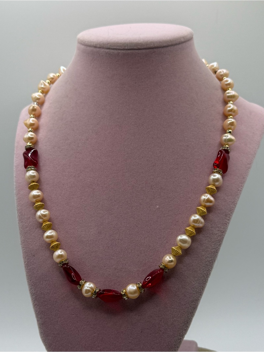 Vintage faux Pearl and Red Glass Bead Necklace